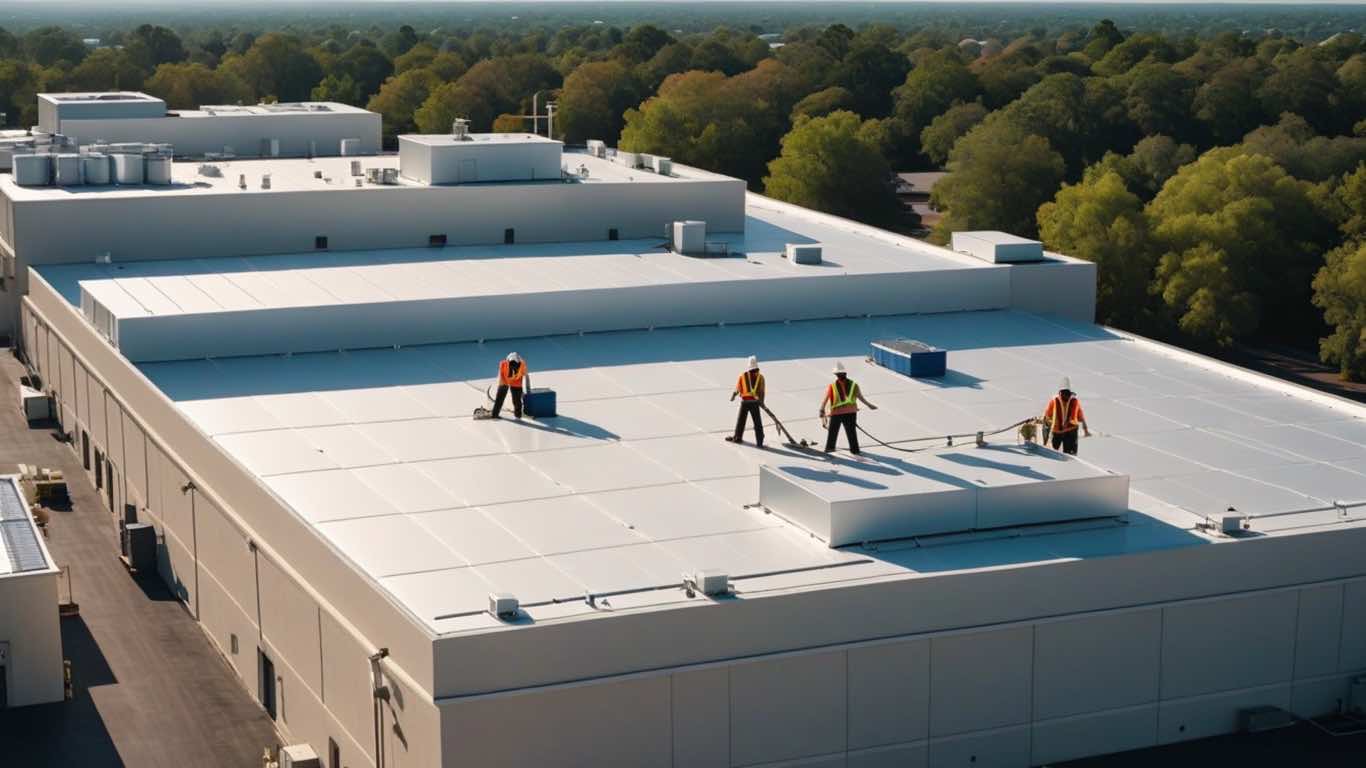 4 Roofing contractors working on a flat roof of a commercial building roof in San Jose