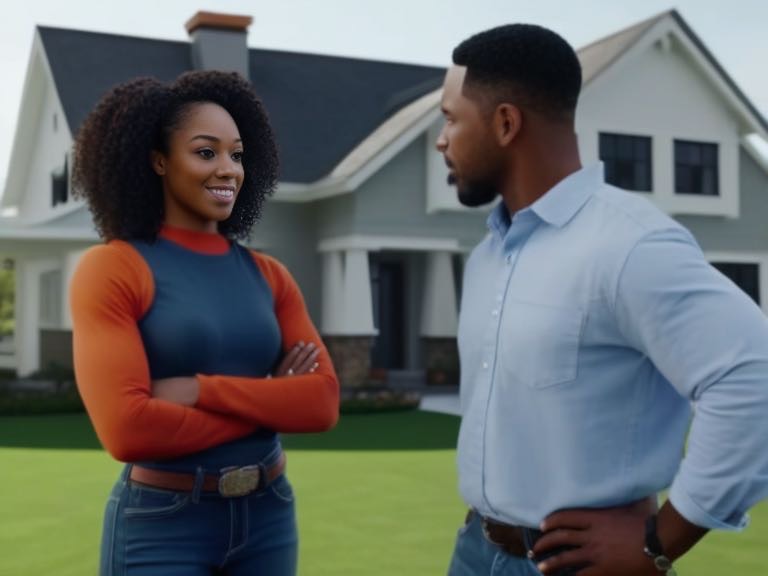 Home owner talking to a roofing contractor in front of the house